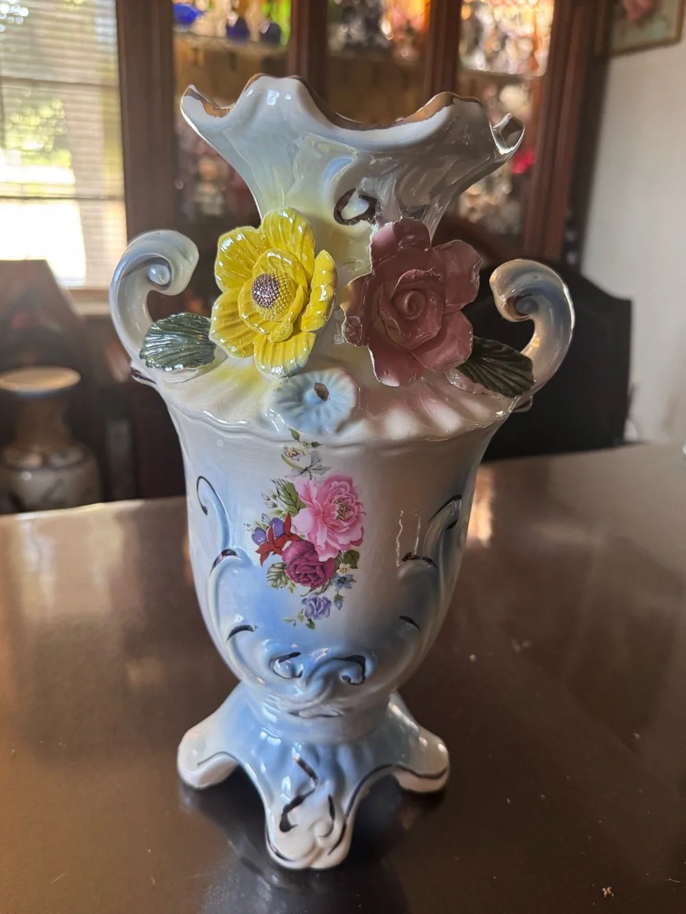 Blue Porcelain Floral Accent Vase with Yellow and Pink Flowers